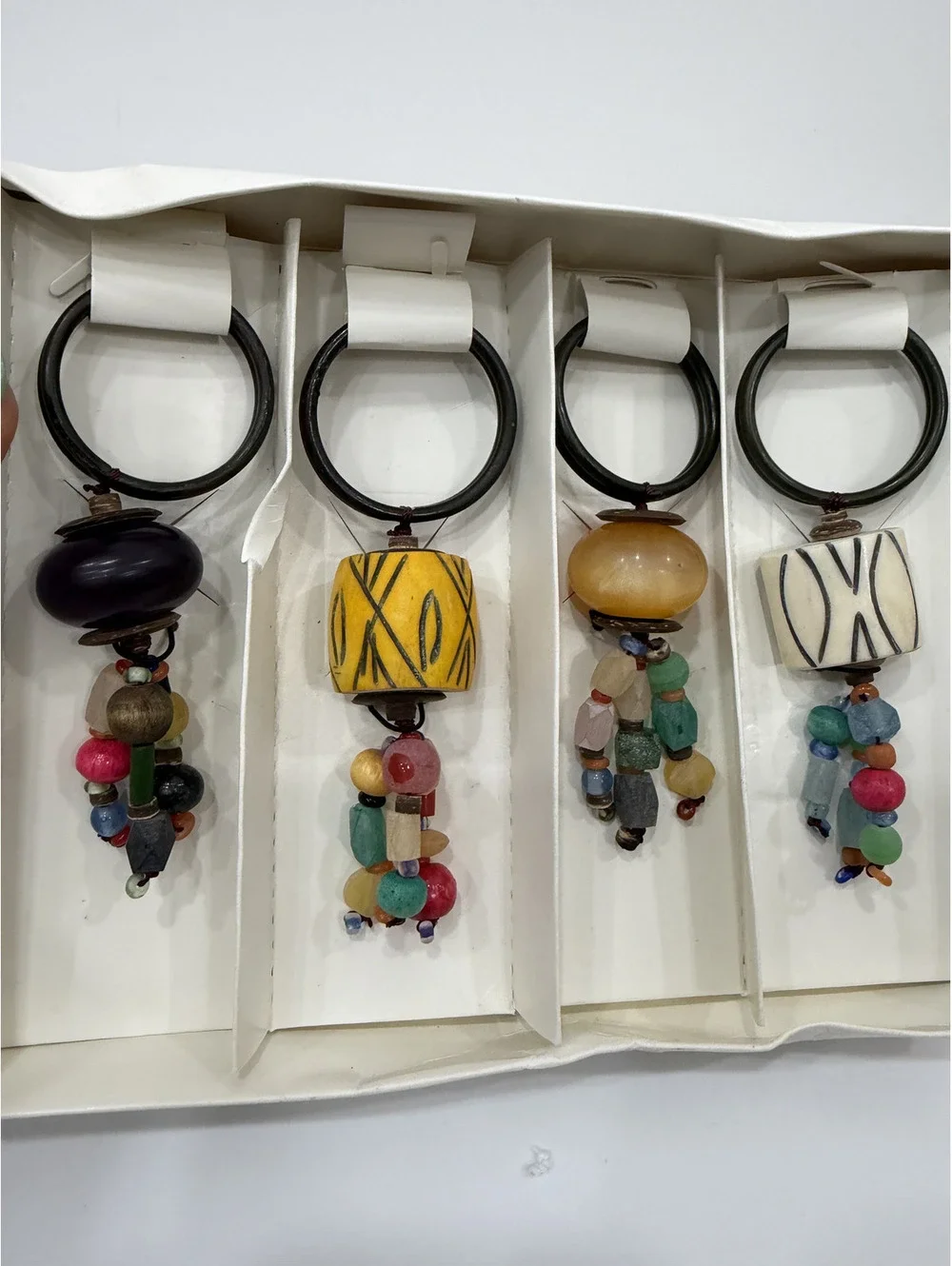 Pier 1 imports Set of 4 Beaded Boho Napkin Holder Rings Hand Carved